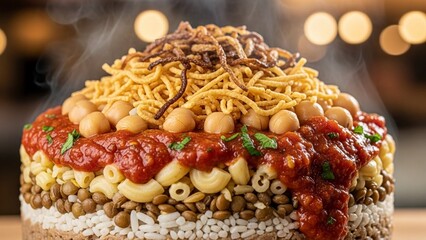 Close up view showcases koshari, an egyptian dish with pasta, rice, lentils, chickpeas, tomato sauce, and fried onions, presented against a bokeh background