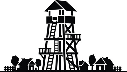 Wooden watchtower silhouette illustration, rural lookout tower above village houses, traditional observation structure, countryside security concept vector isolated on white