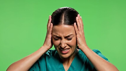 Overwhelmed female medical professional experiencing intense headache pain or migraine clutching her temples with a pained expression showcasing the severe discomfort and stress faced by healthcare w. - Powered by Adobe