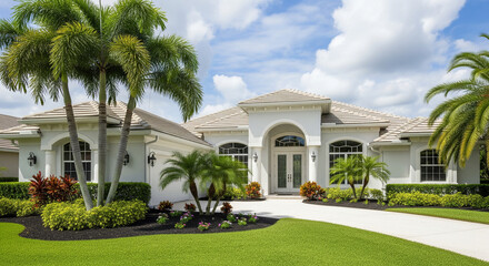 Fototapeta premium Luxury modern villa with palm trees and manicured lawn under a blue sky