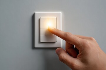 A finger pressing a light switch on a wall.