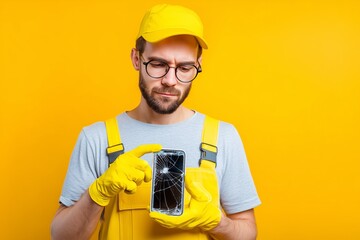 A repair worker holding a smartphone with a cracked screen.