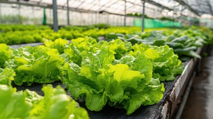 Fresh Green Lettuce Growing in Rows inside Greenhouse on Farm at Sunny Day