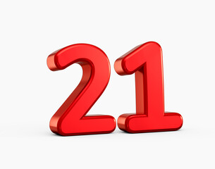 Red glossy number 21 with smooth shine and clean modern styling. 3D illustration.