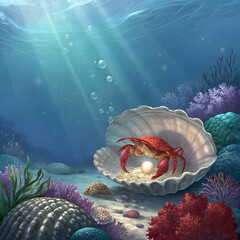 A red crab cradles a luminous pearl within an open clam shell on the sandy ocean floor, illuminated by sunbeams filtering through the clear blue water.