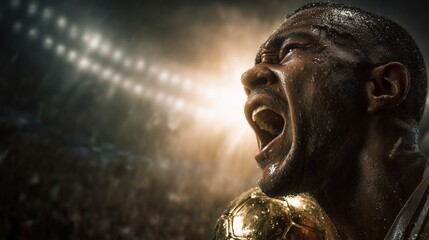 Man at the stadium screaming, winner of a competition, a long-awaited victory, achieving a goal, success, emption