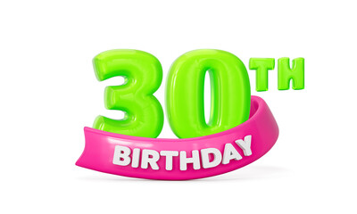 Fototapeta premium Neon green 30th birthday balloon numbers with pink celebration banner 3D render. 3d illustration