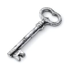 A single antique skeleton key isolated on a white background