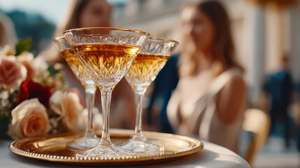 Pyramid of champagne glasses on mirror tray with tall stack of coupes