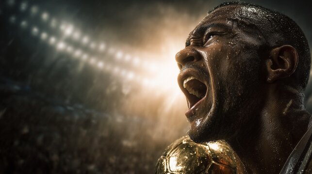 Man at the stadium screaming, winner of a competition, a long-awaited victory, achieving a goal, success, emption