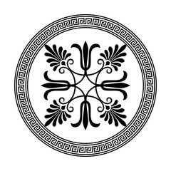 Greek round key meander ornament. Vintage Round frame arabesque in Victorian style. Ancient Greece, Roman Empire porcelain plate. Plate with large floral element in center. For ceramic, textile, plate