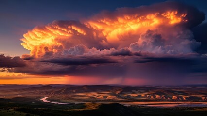 Majestic sunset over landscape with dramatic storm clouds and vibrant colors
