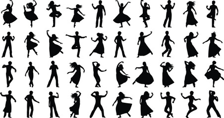 Dancing people silhouettes collection, male female dancers poses, modern ballet contemporary movements, black shadow figures, isolated white background vector illustration