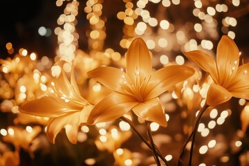 Luminous golden lilies bloom amidst sparkling lights, creating a magical and luxurious atmosphere.