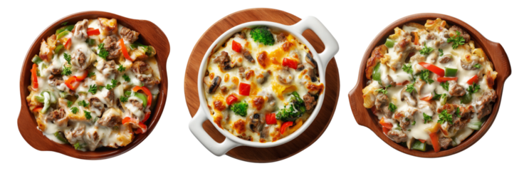Cheesy baked beef and vegetable casserole with broccoli and bell peppers in ceramic dish, top view, isolated on white background