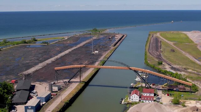 Aerial view of Coal Conveyor Bridge in Ashtabula Harbor along lake Erie, Ohio
