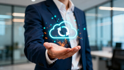 Business professional in navy suit holding out hand beneath holographic cloud with synchronization arrows in modern office