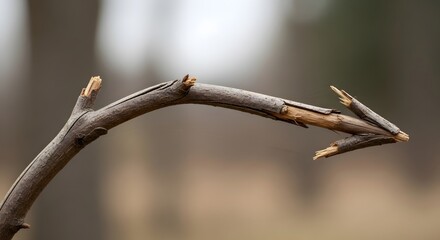 A broken tree branch forming an arrow pointing to the left against a blurred natural background in soft outdoor lighting