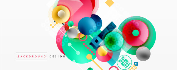 Abstract geometric shapes, vibrant colors, dynamic composition. Modern design elements create playful visual experience.