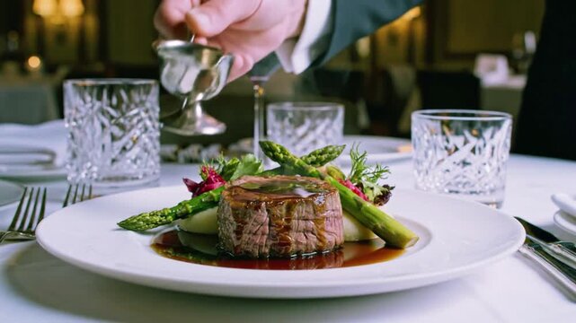 Experience the epitome of culinary excellence with this perfectly prepared steak dinner paired with fine wine.