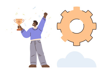 Person raising trophy while celebrating success. Shows progress, achievement. Ideal for success, team recognition, progress represent adaptability. leadership and collaborative effort conveys simple