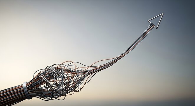 Detailed metallic arrow formed by entangled wires and cables on subtle gradient background symbolizing complex connections overcoming challenges and upward trajectory
