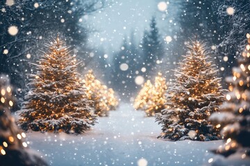Sparkling christmas trees with lights glowing under gently falling snow create a magical winter wonderland scene