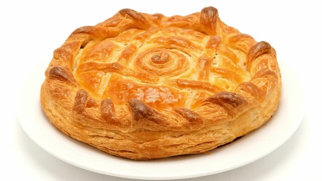 Rotating traditional french epiphany king cake or galette des rois with puff pastry isolated on white