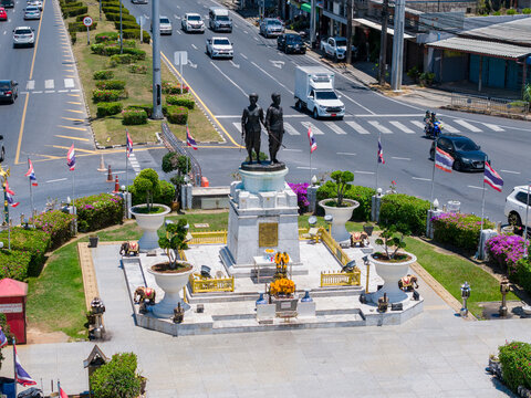 Phuket,Thailand-7 Apr 2025: Aerial and Close-up Views of Thao Thep Krasattri and Thao Si Sunthon Monument Roundabout, Phuket, Thailand.