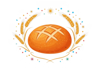 Artistic illustration of a round loaf of bread with a scored pattern on top, surrounded by wheat stalks and colorful confetti, isolated on transparent background