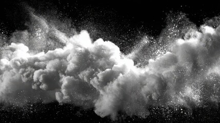 White Powder Explosion with Glittering Particles on Black Background Dense Cloud of Fine Dust Glowing Spots Adds Dynamic and Mystical Quality