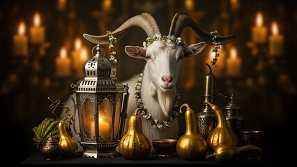 Mysterious goat with candles and apothecary jars in dark setting