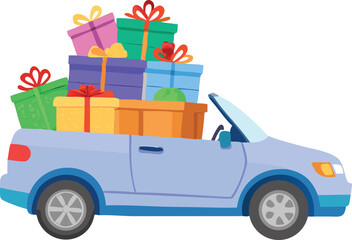 Fototapeta premium A light blue car overflows with colorful wrapped gifts and festive decorations