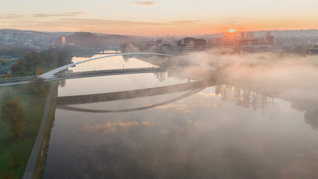 Troja Bridge in Prague. The new and modern Troja Bridge over the Vltava River in Hole&scaron;ovice, Prague, Czech Republic. A bridge for cars and trams in the center of historic Prague.