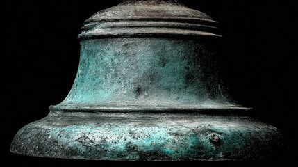 Close Up of Ornate Bronze Bell Against Black Background with Metallic Sheen and Textured Surface in Dramatic Lighting
