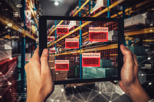 Smart warehouse management system using augmented reality technology to identify package picking and delivery . Future concept of supply chain and logistic business . - Powered by Adobe