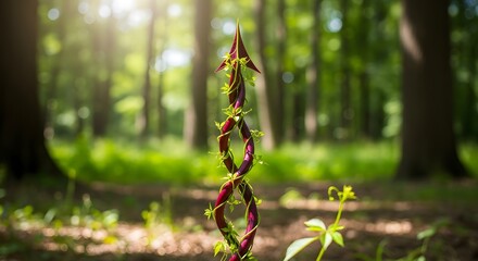 vibrant vine twisting around arrow shape in forest setting with sunlit background, symbol of nature's power