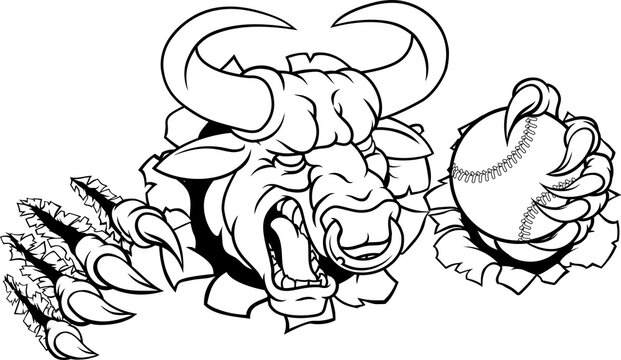 A bull or Minotaur monster longhorn cow angry mean baseball mascot cartoon. 