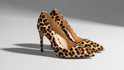 Leopard print high heels on gray background with elegant shadow play