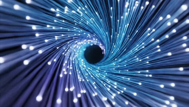 Abstract glowing blue fiber optic strands against a dark background
