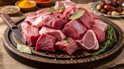 Raw meat chunks on a wooden plate with herbs and spices