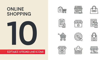 Set of 10 Editable Stroke Line Icons for Online Shopping.