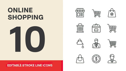 Collection of 10 Editable Stroke Line Icons for Online Shopping.