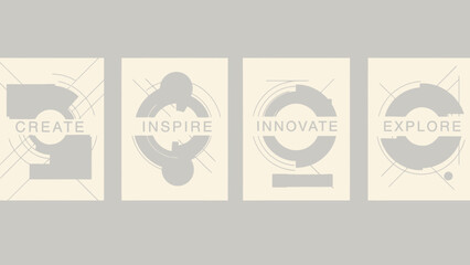 Set of four beige inspirational posters with gray motivational words create inspire innovate explore