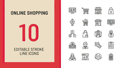 Editable Stroke Line Icons for Online Shopping and E-commerce Concepts.