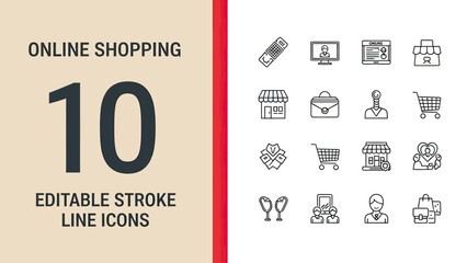 Online Shopping Editable Stroke Line Icons Set.