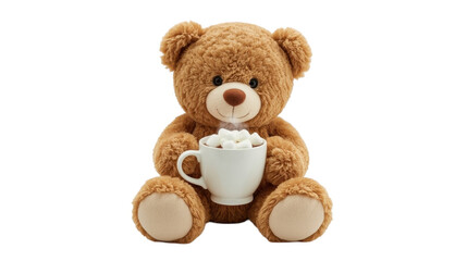 Obraz premium A large brown teddy bear sitting and holding a white mug filled with marshmallows on a plain white background