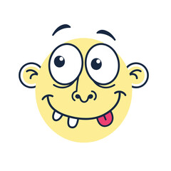 Funny cartoon face with silly expression and tongue out.