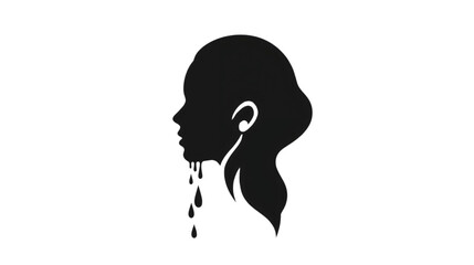 Silhouette Illustration of a Human Head with Dark Liquid Dripping, Symbolizing Sadness