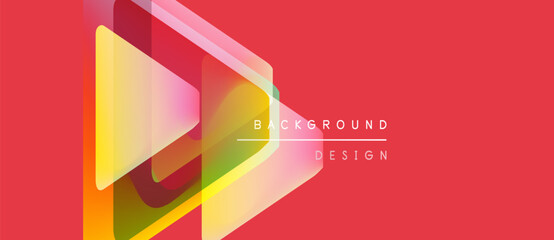 Abstract geometric shapes overlap on vibrant red background. Design includes translucent triangles, gradients, text elements. Modern visual composition.